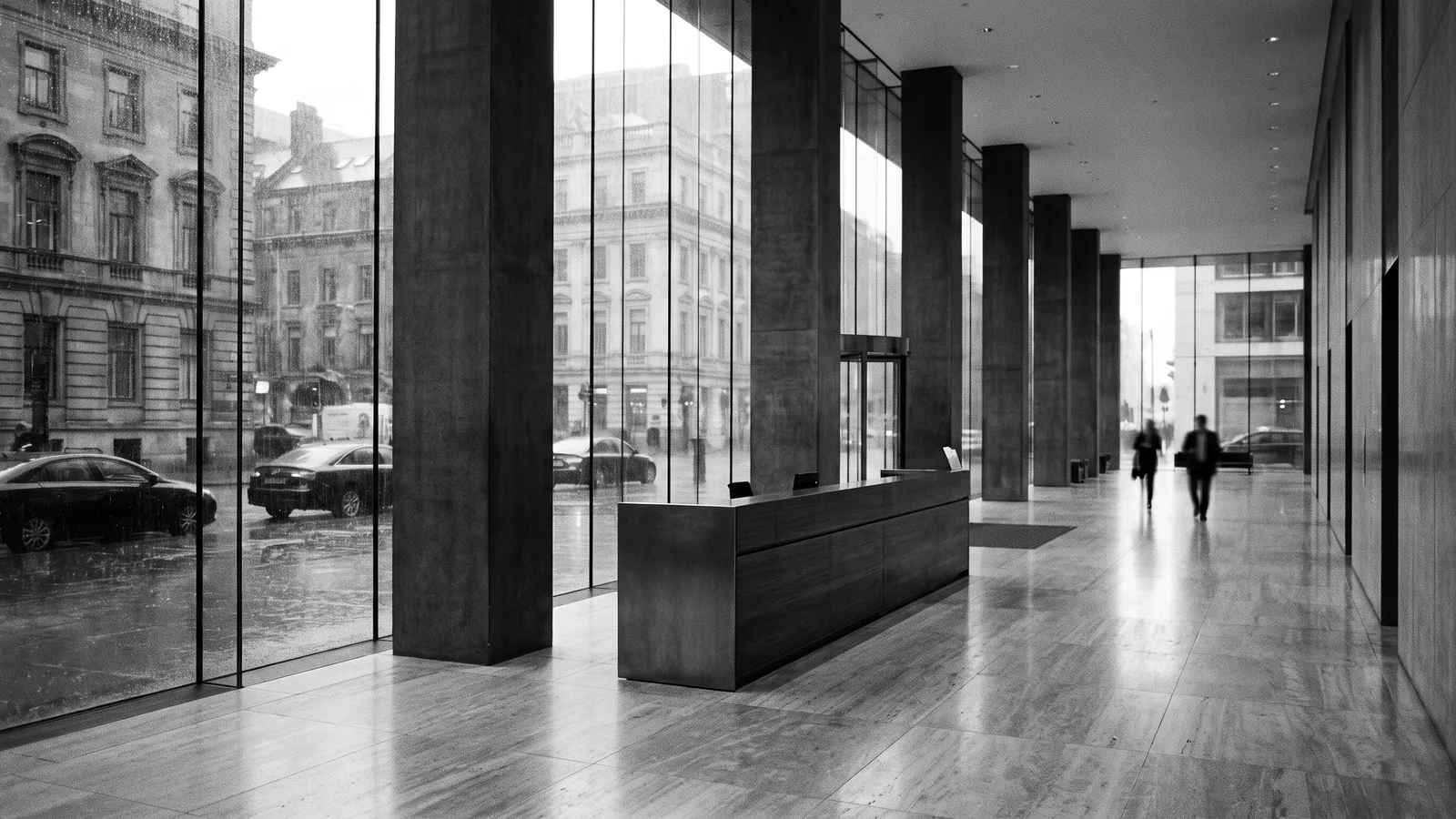 Office lobby on a rainy day
